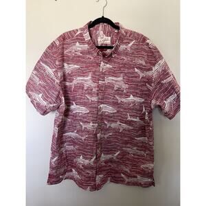 Kahala Men's Hawaiian Red White Shark Print Cotton Button-Up Shirt 3XL